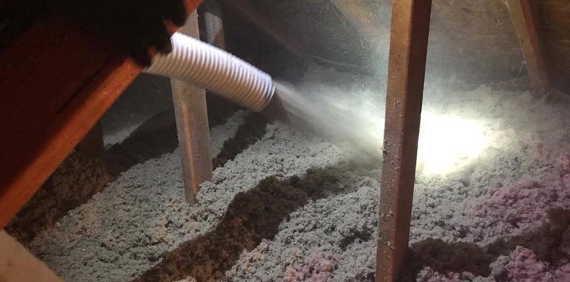 Blowing in insulation by our Buckeye Wildlife Solutions Northwest Toledo Bat Removal Attic Cleanup Sanitation team.